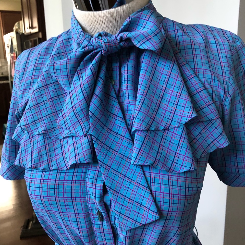 Vintage Plaid Ruffle Neck Tie Dress